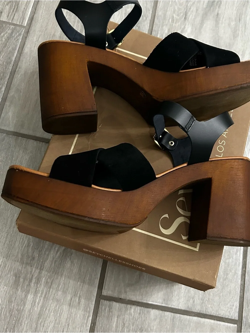 Women’s Seychelles Black Suede Platform Heel Sandals Size 10